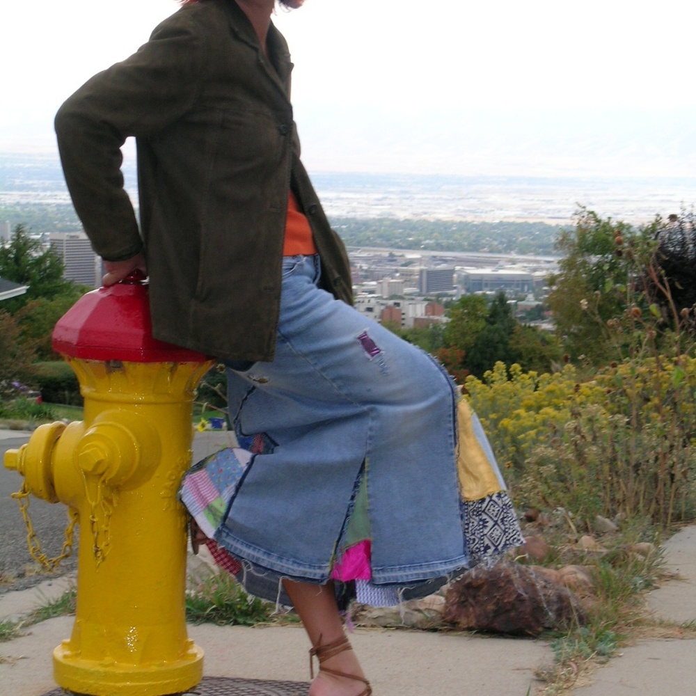 Handmade 70s style denim patchwork skirts, coats
